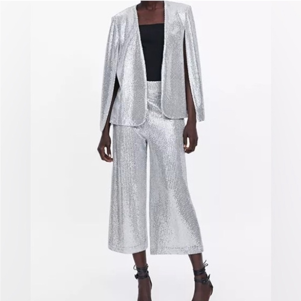Zara Cape Puncho Blazer Jacket Silver Metallic Sequin NEW - Picture 5 of 13